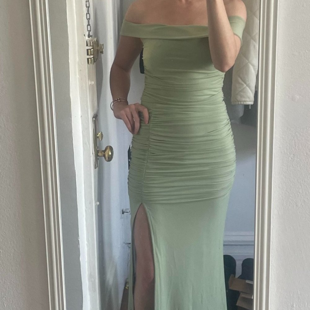 {LULUS} Revel in the Romance Light Sage Mesh Off-the-Shoulder Maxi Dress